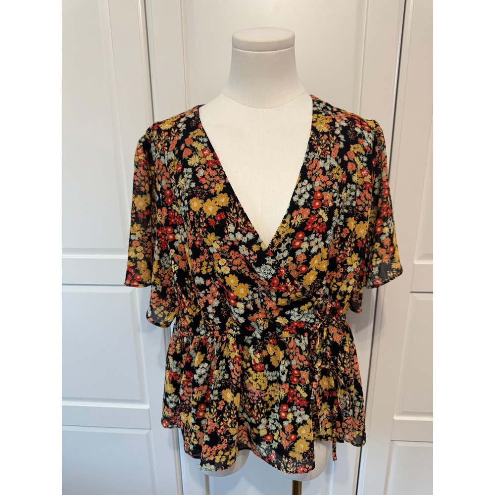 Madewell Flower Garden Faux Wrap Peplum Top Black Floral Dolman Sleeve XL - Picture 5 of 8